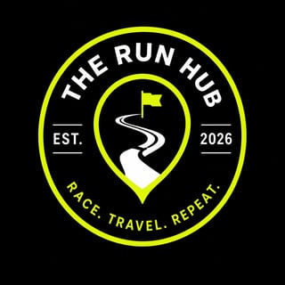The Run Hub logo featuring a winding path with a flag, established 2026, with tagline Race Travel Repeat in yellow and white on black background